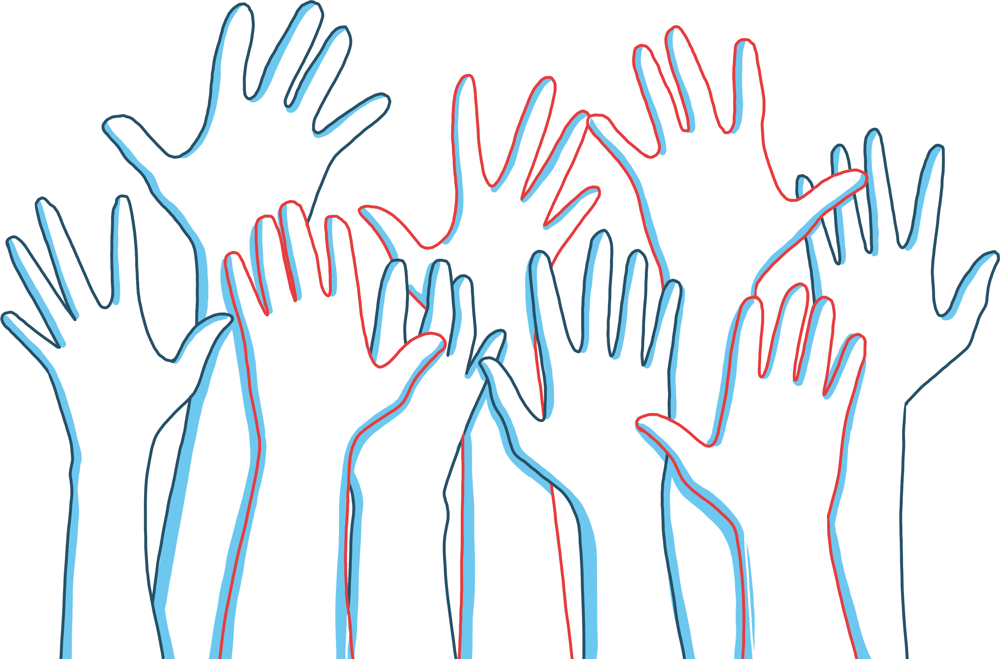 An image of hands raised in the air outlined in blue and red